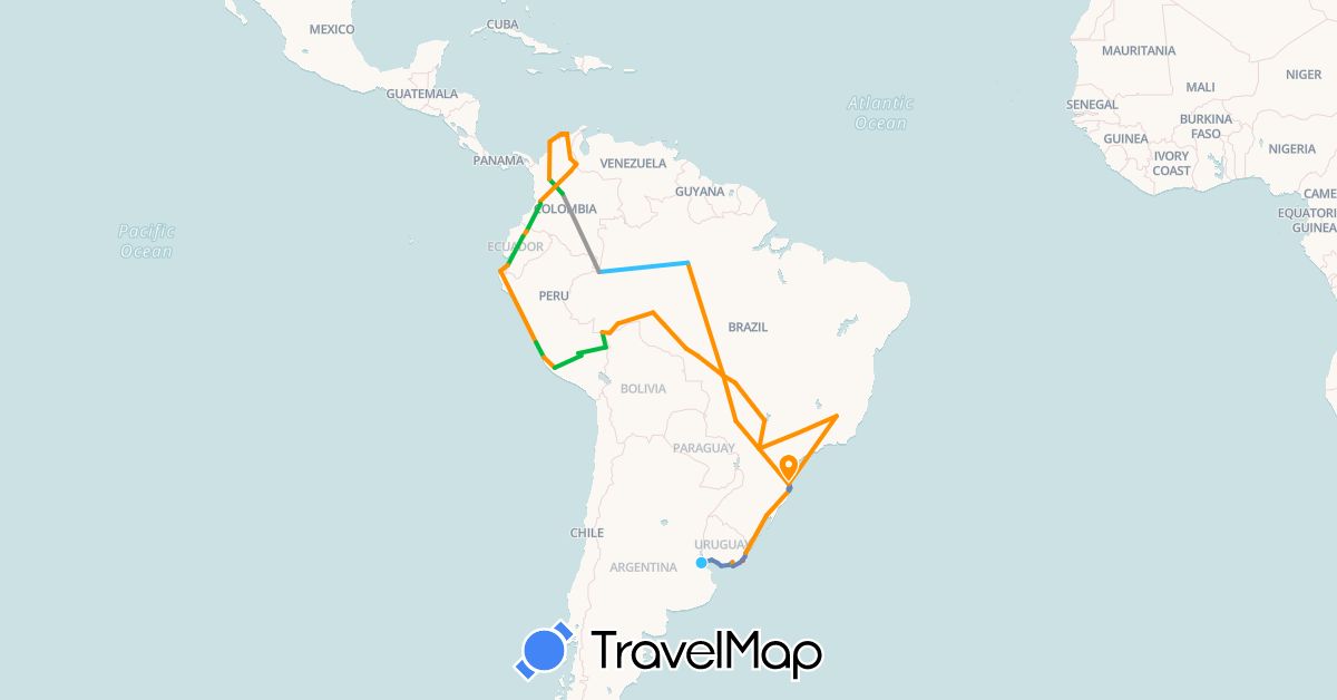 TravelMap itinerary: driving, bus, plane, cycling, hiking, boat, hitchhiking in Argentina, Brazil, Colombia, Ecuador, Peru, Uruguay (South America)